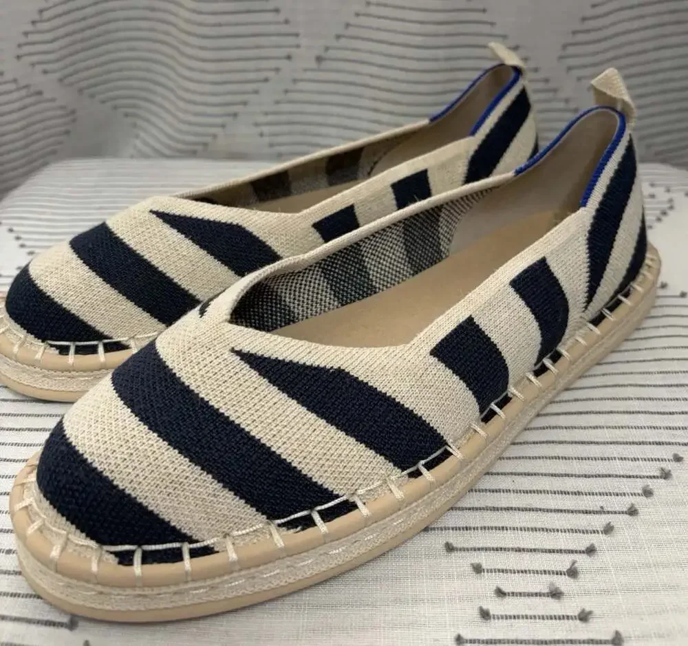 ROTHY'S The Espadrille Navy Blue/Cream Stripe NEUTRAL Size 7.5 NAUTICAL women